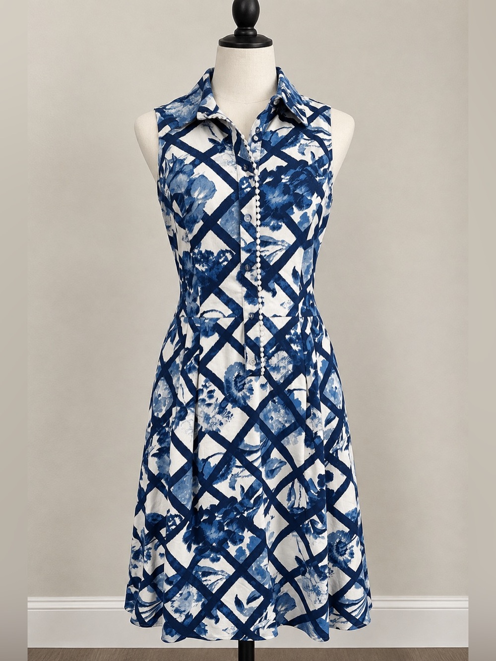 Alex Marie Navy & White Sleeveless Midi Shirt Dress